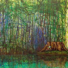 Landschaftsbild in Acryl figürlich: Ein Mann sitzend an Baumstumpf gelehnt am Ufer eines Sees im Wald.